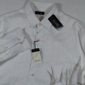 Tasso Elba Mens White Linen Long Sleeve Button Down Shirt Tropical Bird Print L